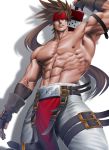  1boy abs arm_up bara bare_chest brown_hair chest feet_out_of_frame fingerless_gloves gloves guilty_gear harness headband long_hair looking_at_viewer male_focus muscle navel nipples pelvic_curtain ponytail red_headband sheath shirtless sinichi_okazaki sol_badguy solo spiked_hair sword sword_behind_back thick_thighs thighs tight unsheathing weapon 