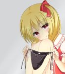 1girl :t black_panties blonde_hair blush bow bow_panties commentary eyebrows_visible_through_hair feet_out_of_frame flandre_scarlet frilled_shirt_collar frilled_skirt frills grey_background hair_bow head_on_knees holding holding_clothes holding_panties holding_underwear jitome knees_up looking_at_viewer medium_hair no_headwear one_side_up panties panties_removed pout puffy_short_sleeves puffy_sleeves red_bow red_eyes red_skirt red_vest short_sleeves side-tie_panties simple_background sitting skirt solo touhou underwear vest yukina_kurosaki 