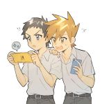  !! 2boys belt blue_oak blush cellphone collared_shirt commentary_request grey_eyes grey_hair grey_pants grey_shirt hand_on_another&#039;s_shoulder highres holding holding_phone male_focus multiple_boys open_mouth orange_hair pants phone pokemon pokemon_(game) pokemon_sm rata_(m40929) red_(pokemon) shirt short_sleeves spiked_hair spoken_sparkle sweatdrop teeth tongue 