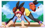  1girl :d black_legwear blue_eyes blush brown_hair cloud commentary_request day double_bun gen_5_pokemon highres katwo legs_apart legwear_under_shorts long_hair open_mouth outdoors pantyhose pokemon pokemon_(creature) pokemon_(game) pokemon_bw2 raglan_sleeves rosa_(pokemon) shirt shoes shorts sky sleeves_past_elbows smile sneakers teeth tepig tongue twintails visor_cap yellow_shorts 