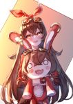  1girl :d amber_(genshin_impact) animal_ears baron_bunny blush brown_eyes brown_hair bunny_ears commentary eyebrows_visible_through_hair fang genshin_impact gloves goggles goggles_on_head highres holding holding_stuffed_toy long_hair looking_at_viewer o_o open_mouth skin_fang smile solo stuffed_toy upper_body yu_hydra 