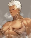  1boy 1other abs archer bara bare_chest brown_eyes chest dark_skin dark_skinned_male f-una fate/grand_order fate/stay_night fate_(series) grabbing groping male_focus muscle nipples one_eye_closed pectoral_grab shirt short_hair steam sweat upper_body white_shirt 