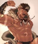 1boy abs bara bare_chest bracer brown_hair chest dark_skin dark_skinned_male facial_hair fighting_stance fur-trimmed_collar headband highres male_focus muscle navel nipples pointy_ears short_hair sideburns solo spiked_hair suzuoni tangaroa tattoo tokyo_houkago_summoners tooth_necklace white_hair yellow_eyes 