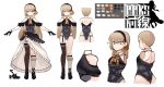  1girl bangs black_footwear black_gloves black_hairband black_legwear bow breasts character_sheet commentary_request dress earrings eyebrows_visible_through_hair frilled_dress frills full_body girls_frontline gloves hachirodesu hair_between_eyes hair_ornament hairband hairclip highres jewelry light_brown_eyes light_brown_hair light_smile loafers long_hair looking_at_viewer off-shoulder_dress off_shoulder orange_bow ppk_(girls_frontline) ribbon shoes single_garter_strap single_thighhigh smile solo sparkle thigh_strap thighhighs wing_collar 