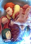  2boys beard breastplate cape cleavage_cutout clothing_cutout f-una facial_hair fate/grand_order fate/zero fate_(series) fighting_stance foreshortening fur-trimmed_cape fur_trim glowing green_eyes iskandar_(fate) leather lightning looking_at_viewer male_focus multiple_boys red_eyes red_hair short_hair upper_body waver_velvet 