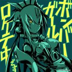  1girl apron bangs bombergirl bombergirl573 bow breasts emera_(bombergirl) green_hair long_hair mecha_musume monochrome number_tattoo tattoo 