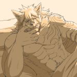  1:1 2020 5_fingers abs bed_sheet bedding canid canine canis eyes_closed fingers fur hair humanoid_hands lying mammal navel nipples nude on_back pubes run_aki tattoo temujin tokyo_afterschool_summoners video_games wolf 