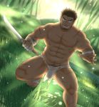  1boy abs backlighting bandages bara bare_chest brown_hair chest chest_scar facial_hair facial_scar feet_out_of_frame forest gachimuchi goatee grass highres holding holding_weapon knife light looking_at_viewer male_focus manly muscle nature navel navel_hair no_nipples nose_scar original scar short_hair sideburns smile solo testicles thick_eyebrows thick_thighs thighs torn_clothes underwear underwear_only weapon yanutorie 