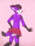  anthro black_hair bottomwear canid canine canis clothing domestic_dog elkhound flower footprint fur girly hair hi_res looking_at_viewer looking_back male mammal pawalo pawprint pawprint_marking plant purple_body purple_fur red_bottomwear red_clothing red_skirt shiki-kun-baka skirt solo spitz underwear 