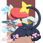  1:1 cake clothing destiny_(video_game) eliksni embarrassed food gingy_k_fox hat headgear headwear lying neckerchief nintendo on_front pok&eacute;mon pok&eacute;mon_(species) pokemon_cafe_mix shinx video_games 