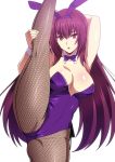  1girl animal_ears bangs bare_shoulders blush breasts bunny_ears cleavage detached_collar fate/grand_order fate_(series) fishnet_legwear fishnets hara_(harayutaka) highres large_breasts leg_lift leg_up leotard long_hair looking_at_viewer open_mouth piercing_bunny playboy_bunny purple_hair purple_leotard red_eyes scathach_(fate)_(all) scathach_(fate/grand_order) simple_background split standing standing_on_one_leg standing_split strapless strapless_leotard thighs white_background wrist_cuffs 
