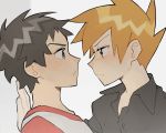  2boys bangs black_shirt blue_oak blush brown_hair buttons collared_shirt commentary_request eye_contact fingernails grey_eyes highres looking_at_another male_focus multiple_boys orange_hair pokemon pokemon_(game) pokemon_sm rata_(m40929) red_(pokemon) shirt upper_body yaoi 