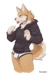  anthro black_clothing black_hoodie black_topwear blep briefs bulge canid canine canis cinnahipster clothing domestic_dog drawyourfursona hi_res hoodie male mammal meme meme_clothing solo standing tongue tongue_out topwear underwear white_clothing white_underwear 