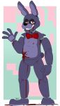  3_toes 4_fingers animatronic anthro blood bodily_fluids bonnie_(fnaf) fingers five_nights_at_freddy&#039;s fur gesture half-closed_eyes hi_res lagomorph leporid long_ears machine male mammal narrowed_eyes pawpads purple_body purple_fur purple_pawpads rabbit red_eyes robot signature small_tail smile snazzamazing solo standing toes video_games waving 