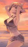  1girl armpits arms_up bangs breasts brown_hair casual chain_necklace cleavage crop_top denim denim_shorts green_eyes kantai_collection kasumi_(skchkko) medium_breasts midriff mutsu_(kantai_collection) navel one_eye_closed parted_lips short_hair short_shorts shorts sideboob smile solo sunset tank_top thighs 