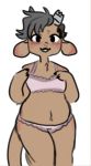  2020 anthro blush bovid bovine bra broken_horn brown_body brown_fur cattle chest_tuft claws clothed clothing digital_media_(artwork) female fur hair horn looking_at_viewer mammal manitka manitka_(character) navel nonbinary_(lore) open_mouth panties simple_background slightly_chubby smile solid_color_background solo teeth tuft underwear white_background 