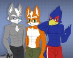  abs anthro avian beak bird blackwingedheart87 blue_body blue_eyes blue_feathers bottomwear canid canine canis cheek_tuft clothed clothing facial_tuft falco_lombardi feathers fingers fox fox_mccloud fur gesture green_eyes grey_body grey_fur hair hi_res inner_ear_fluff looking_at_viewer male male_focus mammal navel nintendo orange_body orange_fur pointing shorts signature smile standing star_fox topless tuft video_games white_body white_fur white_hair white_inner_ear wolf wolf_o&#039;donnell 