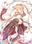  1girl absurdres animal_ears anklet bandeau beads bird black_legwear blush chicken chinese_zodiac feathers granblue_fantasy hair_beads hair_feathers hair_ornament harvin highres jewelry long_hair looking_at_viewer mahira_(granblue_fantasy) monkey_ears red_bandeau sandals solo thighhighs ukiwakisen 