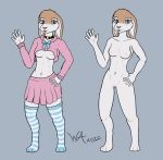  anthro blue_eyes blush bottomwear breasts choker clothed clothed/nude clothing female footwear fur genitals hi_res hoodie jewelry lagomorph leporid mammal meme meme_clothing meme_hoodie necklace nude pussy rabbit ribbons skirt socks solo topwear weridartist white_body white_fur 