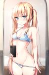  1girl bangs bare_shoulders beliatan blonde_hair blue_eyes blunt_bangs blush bra breasts cellphone cleavage closed_mouth collarbone cowboy_shot frown groin hair_ribbon highres indoors long_hair looking_at_viewer mirror navel panties panty_pull phone pulled_by_self ribbon saenai_heroine_no_sodatekata sawamura_spencer_eriri self_shot small_breasts smartphone solo thighs twintails underwear underwear_only 