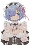 1girl blue_eyes blue_hair blush breasts cleavage commentary hair_over_one_eye hair_ribbon hands_on_own_chest highres large_breasts looking_at_viewer maitou re:zero_kara_hajimeru_isekai_seikatsu rem_(re:zero) ribbon short_hair simple_background solo upper_body white_background 