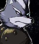  2015 angry anthro black_nose canid canine canis cheek_tuft eyebrows facial_tuft fur grey_body grey_fur hair head_tuft headshot_portrait male mammal nintendo nintendo-jr portrait purple_eyes solo spikes star_fox tuft video_games white_body white_fur white_hair wolf wolf_o&#039;donnell 