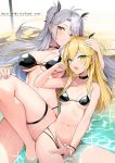  2girls admiral_hipper_(azur_lane) ahoge antenna_hair azur_lane bangs bare_arms bare_shoulders bikini black_bikini black_choker black_ribbon blonde_hair blush breasts caustics choker cleavage collarbone earrings eyebrows_visible_through_hair green_eyes hair_between_eyes hair_ribbon hand_on_own_knee highres iron_cross jewelry knees_up large_breasts long_hair looking_at_viewer luse_maonang lying medium_breasts mole mole_under_eye multi-strapped_bikini multicolored_hair multiple_girls navel on_back open_mouth parted_lips prinz_eugen_(azur_lane) red_eyes red_hair ribbon silver_hair skindentation small_breasts stomach streaked_hair string_bikini swept_bangs swimsuit thigh_strap thighs two_side_up very_long_hair water 