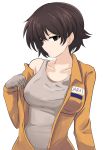  1girl absurdres aikir_(jml5160) breasts brown_eyes brown_hair cowboy_shot facing_away girls_und_panzer gloves grey_gloves grey_tank_top highres jumpsuit looking_at_viewer medium_breasts nakajima_(girls_und_panzer) short_hair solo tank_top unzipped white_background yellow_overalls 