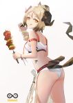  1girl :q arknights bangs blonde_hair breasts cowboy_shot dual_wielding food hair_bun holding holding_food horns ifrit_(arknights) infinity kuguiema looking_at_viewer looking_back meat midriff orange_eyes short_hair short_shorts shorts simple_background skewer smile solo spatula strap_gap tongue tongue_out vegetable white_shorts 