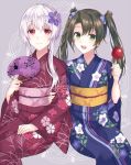  2girls alternate_costume alternate_hairstyle blue_kimono candy_apple commentary_request dark_green_hair fan floral_print flower food grey_background hair_bun hair_flower hair_ornament invisible_chair japanese_clothes kabocha_torute kantai_collection kimono looking_at_viewer multiple_girls open_mouth paper_fan purple_flower red_eyes red_kimono shoukaku_(kantai_collection) sitting twintails uchiwa upper_teeth white_hair yellow_eyes yukata zuikaku_(kantai_collection) 