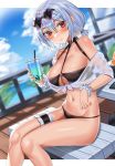  1girl absurdres azur_lane bangs bikini black_bikini blush breasts bubble_tea closed_mouth cloud collarbone cup disposable_cup drinking_straw eyewear_on_head hair_between_eyes heart heart-shaped_eyewear highres holding holding_cup iced_tea large_breasts looking_at_viewer navel o-ring o-ring_top outdoors red_eyes scrunchie sheer_clothes shocho short_hair short_twintails silver_hair sirius_(azur_lane) sirius_(midsummer_seirios)_(azur_lane) sitting sky solo sunglasses swimsuit thigh_strap twintails white_scrunchie wrist_scrunchie 