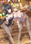  2girls alcohol animal_ears arm_grab armlet artist_name asymmetrical_docking bakuchiku bar beer beer_bottle black_hair black_legwear black_leotard blonde_hair bow bowtie braid breast_press breasts bunny_ears bunny_tail commentary covered_navel cup detached_collar dutch_angle elf fake_animal_ears fake_tail fishnet_legwear fishnets food green_eyes green_hair hair_ornament hair_tie high_heels highres holding holding_tray ice_cream indoors large_breasts leaning_forward leotard looking_at_viewer low_tied_hair multicolored_hair multiple_girls open_mouth pantyhose parted_lips phantasy_star phantasy_star_online_2 pizza playboy_bunny pointy_ears red_eyes sidelocks signature skindentation small_breasts smile standing steak steam strapless strapless_leotard streaked_hair sundae tail tray twintails twitter_username white_footwear white_leotard wing_collar wooden_floor wrist_cuffs 