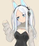  1girl animal_ear_headphones animal_ears bangs black_leotard blue_eyes blue_hair blue_nails blush breasts brown_background cleavage closed_mouth eyebrows_visible_through_hair fake_animal_ears head_tilt headphones leotard long_hair long_sleeves looking_away looking_to_the_side medium_breasts multicolored_hair nail_polish original parted_bangs shrug_(clothing) simple_background sleeves_past_wrists solo strapless strapless_leotard streaked_hair two_side_up upper_body white_hair ycums 