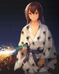  1girl bangs breasts brown_hair cleavage closed_mouth collarbone commentary darkness fireworks hair_between_eyes holding japanese_clothes kantai_collection kasumi_(skchkko) kimono light_smile long_hair long_sleeves looking_at_viewer nagato_(kantai_collection) open_clothes open_kimono red_eyes solo white_kimono wide_sleeves yukata 