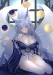  1girl absurdres animal_ear_fluff animal_ears azur_lane bangs bare_shoulders blue_collar blue_eyes blue_kimono blush breasts cleavage collar eyebrows_visible_through_hair fox_ears fox_girl hair_between_eyes hair_ornament highres japanese_clothes kimono large_breasts large_tail long_hair long_sleeves looking_at_viewer moon moon_phases multiple_tails off-shoulder_kimono pleated_skirt shinano_(azur_lane) silver_hair sitting skirt solo tail thighhighs tnr_(horiko1525) white_legwear white_skirt white_tail wide_sleeves window 