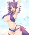 1girl animal_ear_fluff animal_ears armpits arms_up bangs bikini blush breasts criss-cross_halter halterneck highleg highres large_breasts looking_at_viewer makoto_(princess_connect!) navel o-ring o-ring_top open_mouth princess_connect! princess_connect!_re:dive purple_bikini purple_hair shiki_(psychedelic_g2) short_hair side-tie_bikini solo swimsuit tail thigh_strap wolf_ears wolf_girl wolf_tail yellow_eyes 
