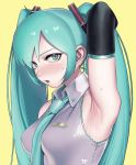  1girl absurdres aqua_eyes aqua_hair aqua_neckwear arm_up armpits bangs blush breasts detached_sleeves grey_shirt hair_ornament hatsune_miku highres long_hair medium_breasts nanja necktie open_mouth shirt signature simple_background sleeveless sleeveless_shirt solo sweat upper_body vocaloid yellow_background 