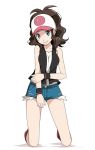  1girl :d baseball_cap black_vest blue_shorts breast_squeeze breasts brown_hair collarbone green_eyes hand_on_own_arm hat high_ponytail hilda_(pokemon) kneeling long_hair looking_at_viewer medium_breasts open_mouth pokemon pokemon_(game) pokemon_bw ponytail shirt shorts sidelocks simple_background sleeveless smile solo torn_clothes torn_shorts tsukishiro_saika two-tone_footwear two-tone_headwear vest white_background white_shirt wristband 