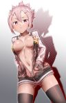  1girl akamine_yuuna ass_visible_through_thighs blush bottomless breasts hand_in_pocket hands_in_pockets highres jacket large_breasts letterman_jacket looking_at_viewer masabou naked_jacket navel open_clothes open_jacket over-kneehighs shiny shiny_hair shiny_skin short_hair short_ponytail solo standing stomach sukajan thighhighs yuuki_yuuna_wa_yuusha_de_aru:_hanayui_no_kirameki yuusha_de_aru 