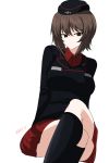  1girl absurdres aikir_(jml5160) arms_behind_back artist_name black_jacket boots breasts brown_eyes brown_hair crossed_legs garrison_cap girls_und_panzer hat highres jacket knee_boots kuromorimine_military_uniform medium_breasts nishizumi_maho red_shirt red_skirt shirt skirt solo thighs 