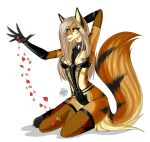  alpha_channel anthro ariveil black_body black_fur blonde_hair breasts brown_body brown_fur canid canine claws clothed clothing crotchless_clothing fangs female fluffy fluffy_tail fox fur green_eyes hair hi_res kneeling mammal multicolored_body multicolored_fur nipples open_mouth open_smile partially_clothed petals rubber smile solo teeth 