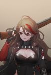  1girl black_gloves breasts character_name cleavage cleavage_cutout clothing_cutout girls_frontline gloves gun hair_between_eyes highres jacket jewelry lever_action light_brown_hair lion_(dielion) m1887_(girls_frontline) multicolored_hair red_hair shotgun streaked_hair turtleneck weapon 