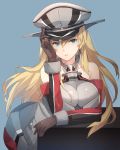  1girl bismarck_(kantai_collection) blonde_hair blue_background blue_eyes breastplate breasts brown_gloves cowboy_shot detached_sleeves gloves hat iron_cross kantai_collection kasumi_(skchkko) large_breasts leaning_forward leaning_on_table military military_hat military_uniform peaked_cap solo uniform 