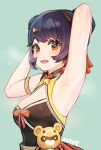  1girl absurdres arm_up armpits bare_shoulders breasts cleavage double_bun genshin_impact hair_bun hair_ornament hairclip highres looking_at_viewer open_mouth shiliuyexiaohei sleeveless small_breasts solo steam steaming_body upper_body xiangling_(genshin_impact) yellow_eyes 