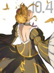  1girl azuzatori backless_dress backless_outfit beatrice_(umineko) blonde_hair blue_eyes choker dated dress flower frilled_choker frilled_dress frills hair_bun hair_flower hair_ornament highres umineko_no_naku_koro_ni yellow_butterfly 