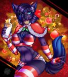 absurd_res anthro ariveil blue_body blue_eyes blue_fur blue_hair breasts canid canine claws clothed clothing cookie cup detailed_background female fluffy fluffy_tail food fur hair hi_res holding_object mammal milk multicolored_body multicolored_fur multicolored_hair partially_clothed purple_body purple_fur purple_hair smile solo two_tone_body two_tone_fur two_tone_hair 