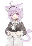  1girl :3 :d ahoge animal_ear_fluff animal_ears blush cat_ears cat_tail collar cowboy_shot fang hairband hands_on_own_stomach hololive long_sleeves maitou midriff navel nekomata_okayu open_mouth pants purple_eyes purple_hair sailor_collar short_hair simple_background smile solo tail white_background 