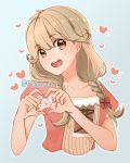  1girl blue_background blush braid brown_eyes collarbone dress faye_(fire_emblem) fiaherart fingernails fire_emblem fire_emblem_echoes:_shadows_of_valentia hair_between_eyes hair_ornament heart heart_hands highres light_brown_hair long_hair open_mouth pink_dress red_ribbon ribbon shadow simple_background smile solo teeth twitter_username upper_body upper_teeth_only 