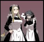  2girls alternate_costume apron black_border black_dress blonde_hair border braid brakka_(gogalking) cigarette closed_mouth dress earrings enmaided fingernails gogalking grey_hair hair_between_eyes hair_tubes hand_on_hip highres holding holding_cigarette hoop_earrings horizontal_pupils horns jewelry jitome juliet_sleeves lender_gregory_(gogalking) long_hair long_sleeves maid maid_apron maid_headdress multiple_girls orange_eyes original puffy_sleeves red_background side_braids simple_background single_braid smile smoke smoking standing very_long_hair white_apron yellow_eyes 