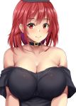  1girl bare_shoulders black_choker black_headwear black_shirt breasts choker cleavage closed_mouth collarbone ebi_193 hair_between_eyes hat hecatia_lapislazuli highres large_breasts looking_at_viewer medium_hair off-shoulder_shirt off_shoulder red_eyes red_hair shirt short_sleeves simple_background smile solo t-shirt touhou upper_body white_background 